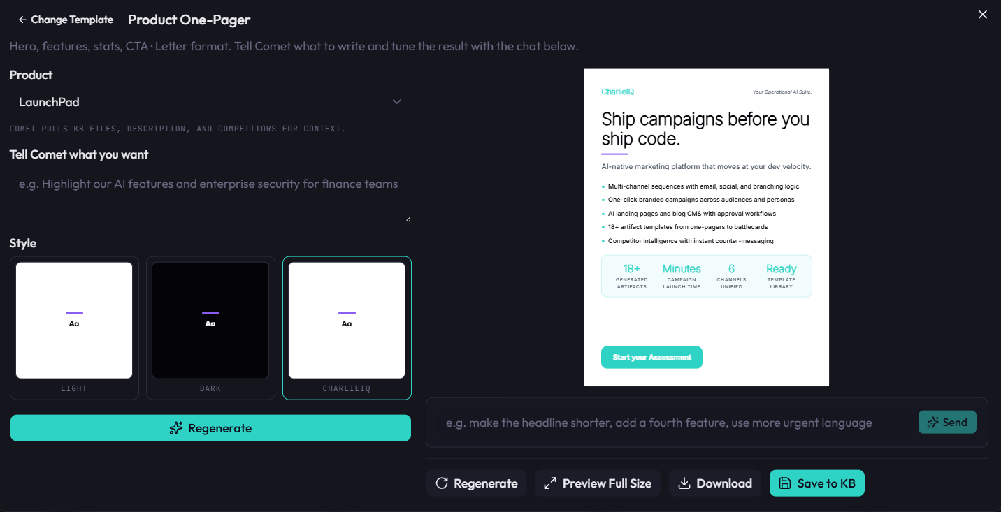LaunchPad Product One-Pager template generator with live preview
