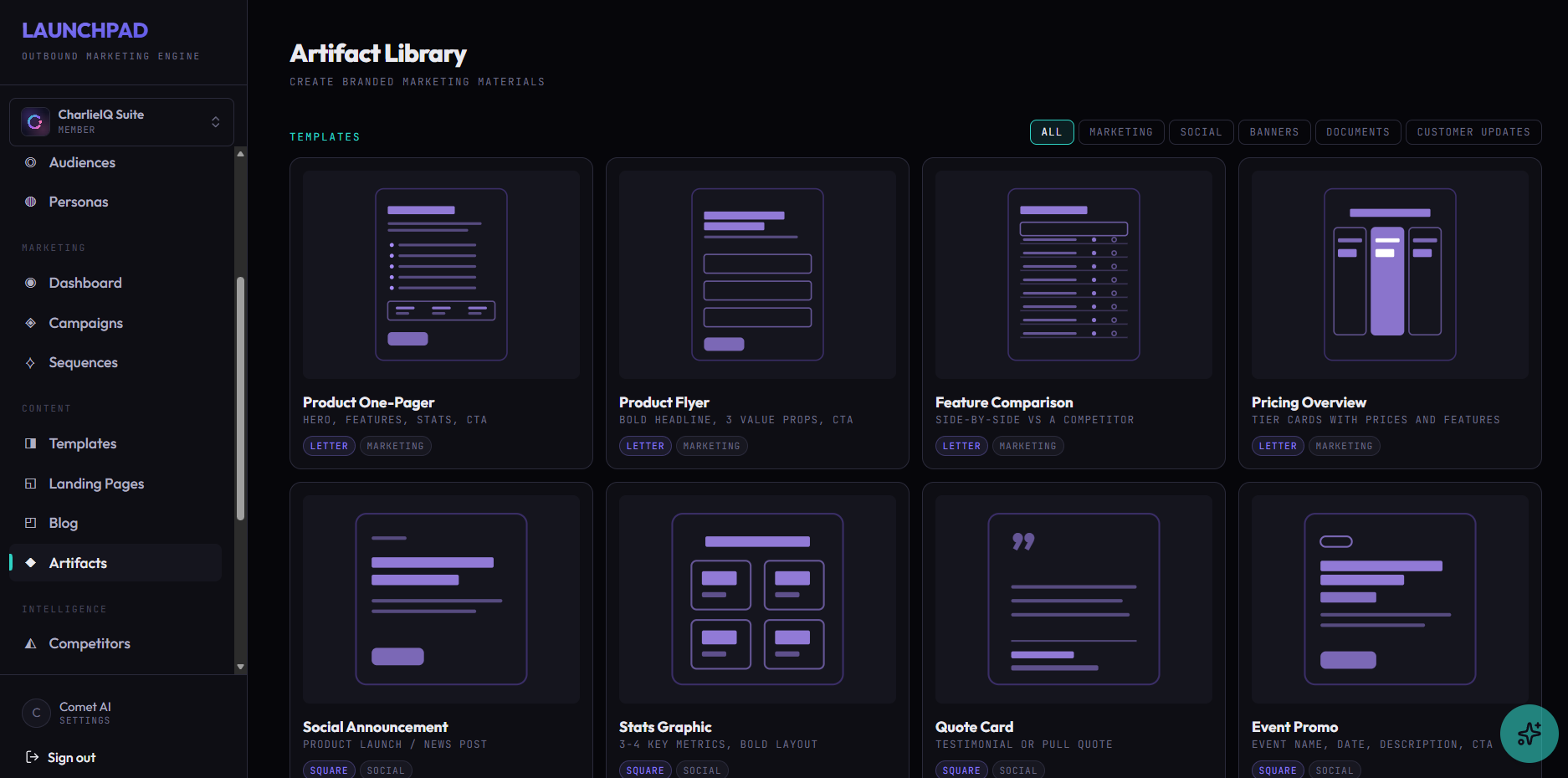 LaunchPad artifacts library of branded templates