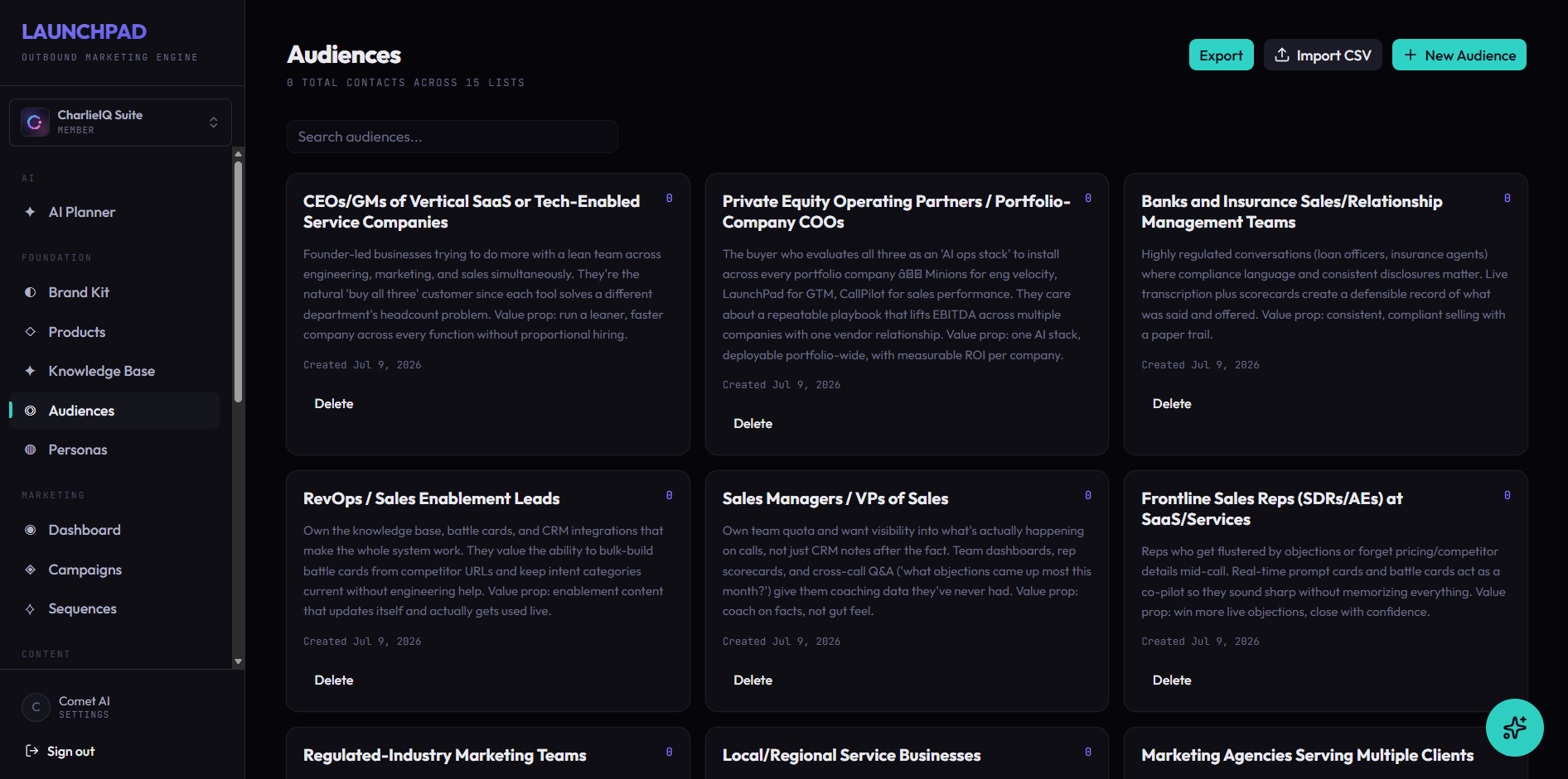 LaunchPad audiences — personas built from your contact data with rule-based matching