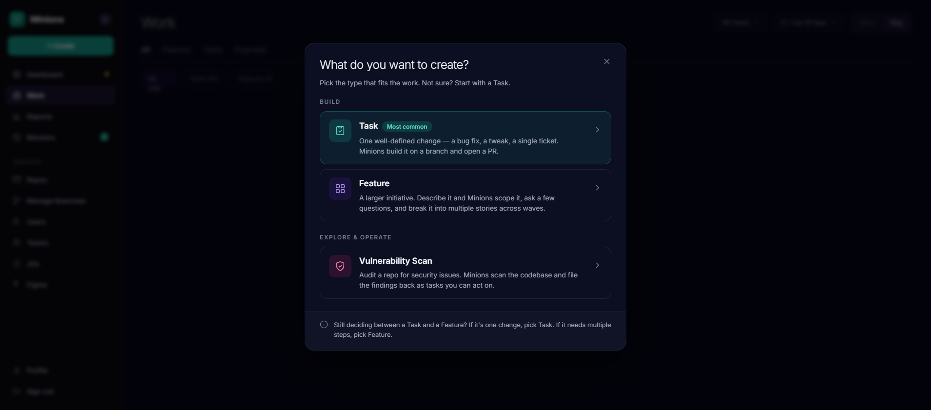Minions create dialog: choose Task, Feature, or Vulnerability Scan