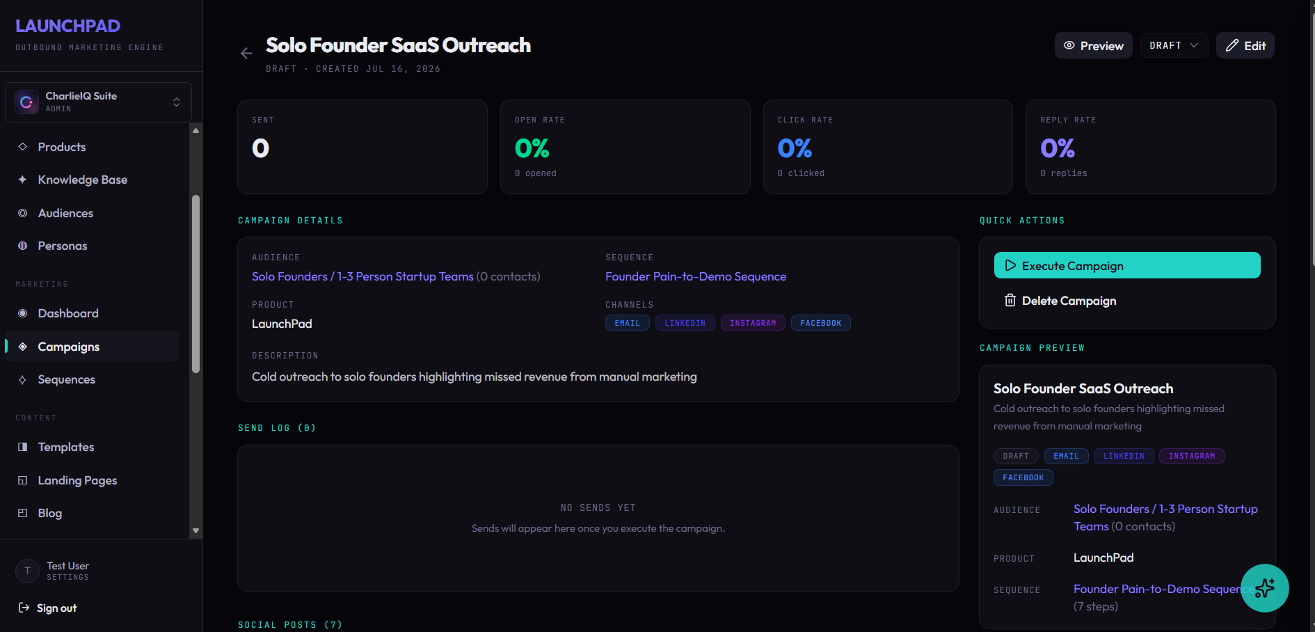 LaunchPad campaign management page with multi-channel campaigns and metrics